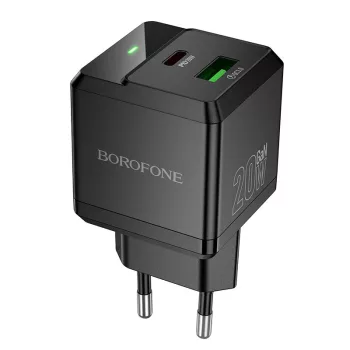   Borofone BN19 Intenso GaN - USB + Type C hálózati töltő - PD 20W QC 3.0 3A - fekete