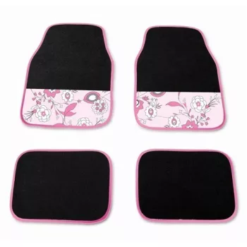   4 részes, autós szőnyegszett, műanyagszövet, fekete, fehér-rózsaszín virágmintával
