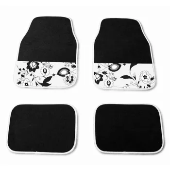   4 részes, autós szőnyegszett, műanyagszövet, fekete-fehér, virágmintával