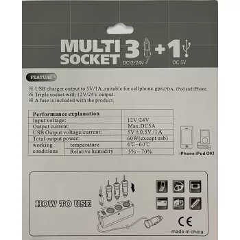3-as szivargyújtó elosztó + USB - 12/24V