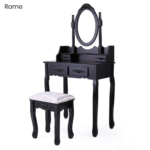 Tükrös fésülködő asztal párnázott székkel, Rome - fekete