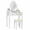 Tükrös fésülködő asztal párnázott székkel, Hollywood - fehér