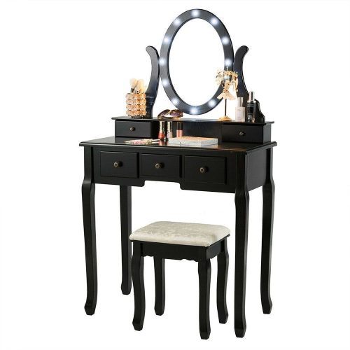 Tükrös fésülködő asztal párnázott székkel, Hollywood - fekete