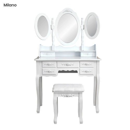 Tükrös fésülködő asztal párnázott székkel, Milano - fehér