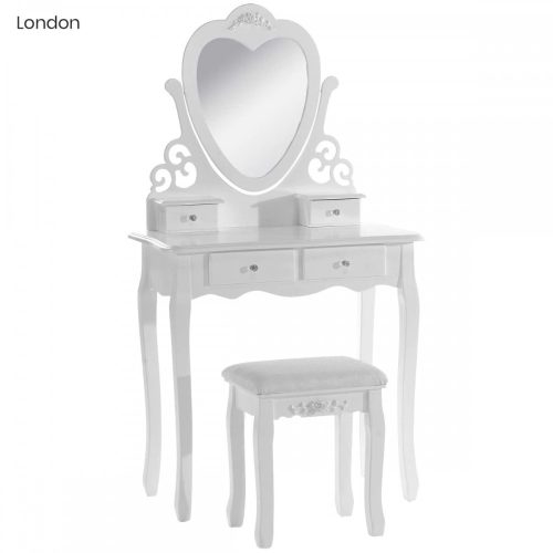 Tükrös fésülködő asztal párnázott székkel, London - fehér