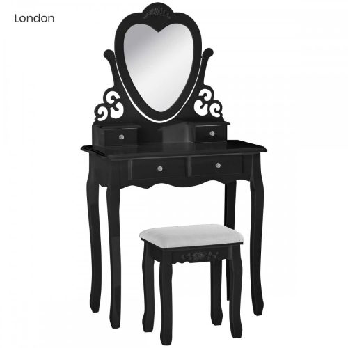 Tükrös fésülködő asztal párnázott székkel, London - fekete