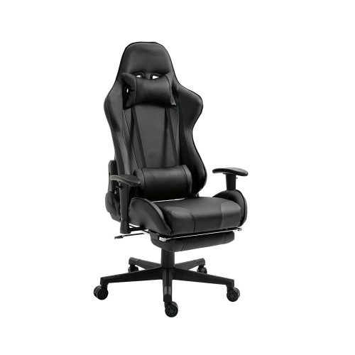 Gamer szék lábtartóval, állítható karfával - fekete