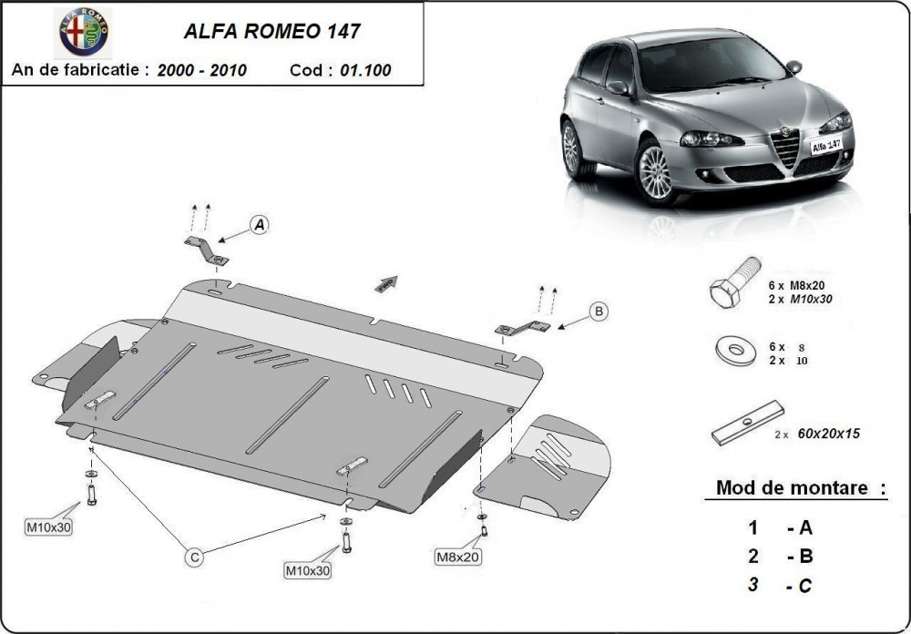 Alfa Romeo 147, 2000-2010 - Motorvédő lemez Alfa Romeo 147, 2000-2010 - Motorvédő lemez