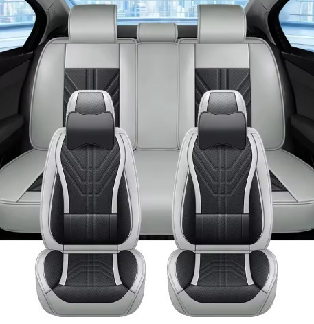 Image of 13 részes prémium műbőr üléshuzat szett nyakpárnákkal - légzsákos - osztható - fekete/sötétszürke