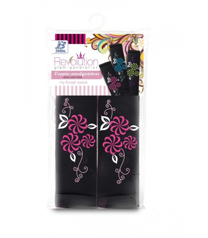 Bottari My Flower Swivel - biztonsági övpárna, fekete, rózsaszín virágmintás Bottari My Flower Swivel - biztonsági övpárna, fekete, rózsaszín virágmintás