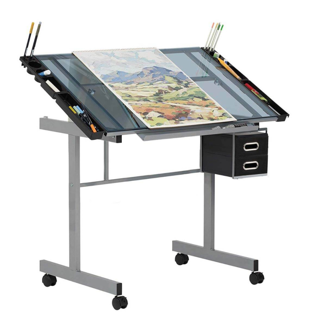 Image of Tervező asztal dönthető, üveg asztallappal